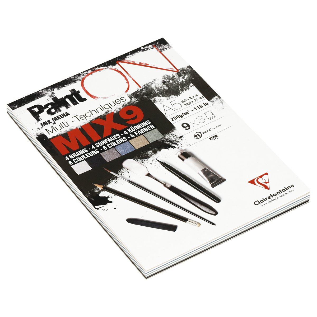 Скетчбук - альбом для смешанных техник 27л., А5 Clairefontaine «Paint ON», на склейке, 250г/м2, 5цветов, 4 типа поверхности