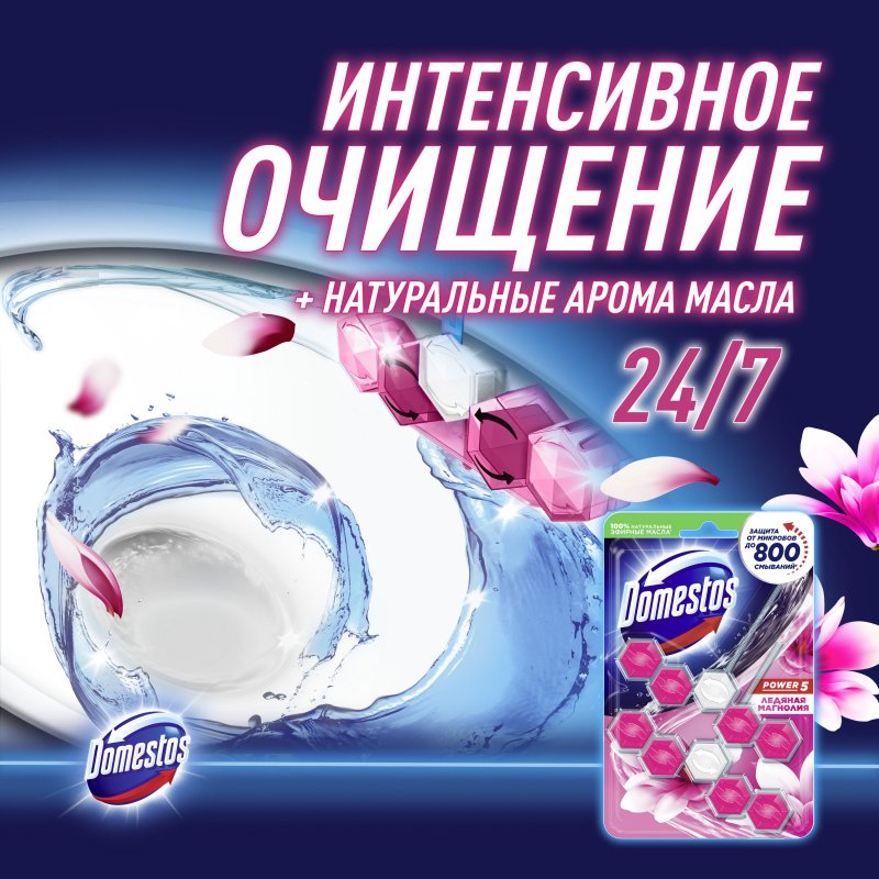 Блок для унитаза гигиенический Domestos Power 5 Duo Ледяная магнолия (2 штуки в упаковке)