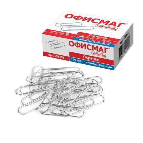 Скрепки ОФИСМАГ, 33 мм, никелированные, 100 шт., в картонной коробке