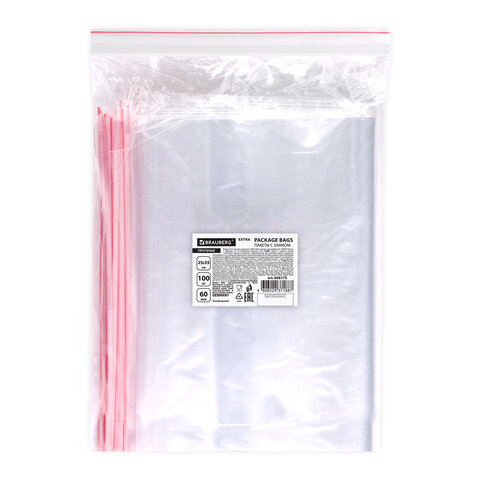 Пакеты ZIP LOCK «зиплок» ПРОЧНЫЕкомплект 100 шт.25×35 смПВД60 мкмBRAUBERG EXTRA608175