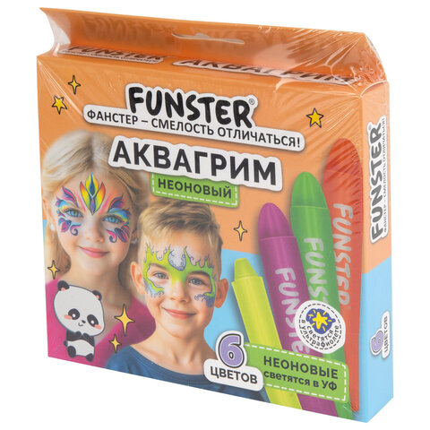 Аквагрим для лица и тела, 6 НЕОНОВЫХ цветов, FUNSTER (ФАНСТЕР), легко смываются