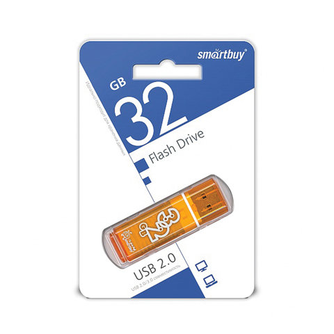 Флэш-диск 32 GB, SMARTBUY Glossy, USB 2.0, оранжевый