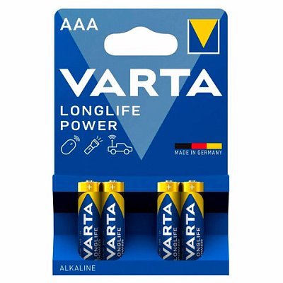 Батарейки алкалиновые «мизинчиковые» КОМПЛЕКТ 4 шт., VARTA LONGLIFE POWER, ААА (LR03, 15А), блистер