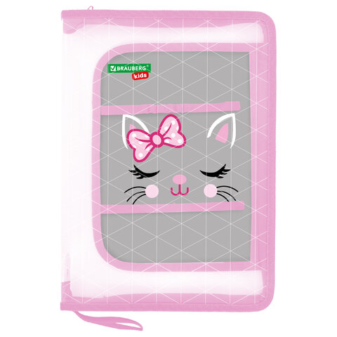 превью Папка для труда на молнии BRAUBERG KIDS А4, 1 отделение, прозрачная, органайзер, «Tiny cutie»