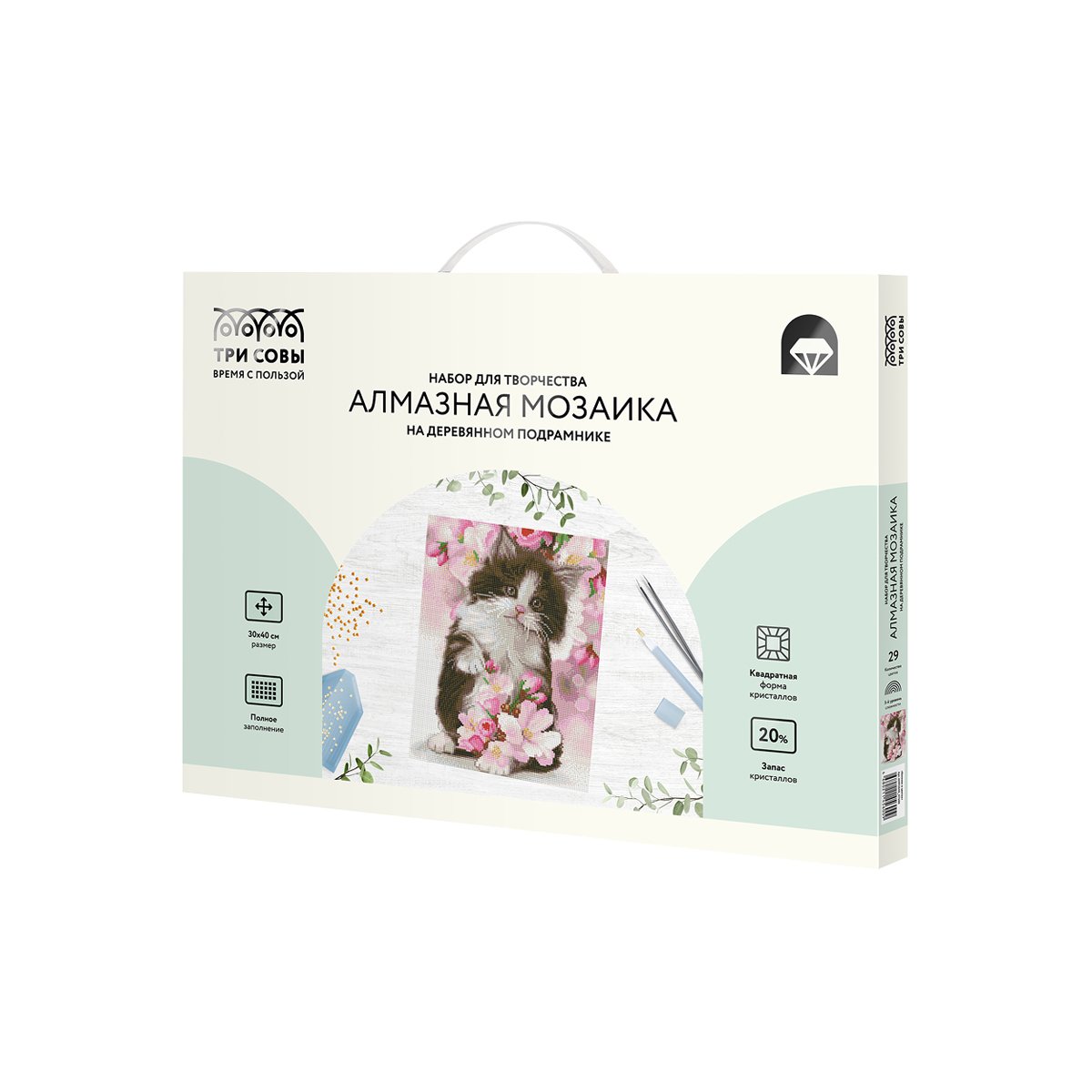 Алмазная мозаика ТРИ СОВЫ «Котенок в цветах», 30×40см, холст на деревянном подрамнике, картонная коробка с пластиковой ручкой