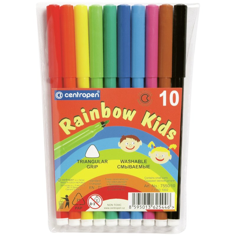 Фломастеры CENTROPEN «Rainbow Kids», 10 цветов, смываемые, эргономичные, вентилируемый колпачок