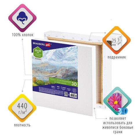 Холст 3D на подрамнике BRAUBERG ART CLASSIC 20×20см, 440г/м, грунт, 100% хлопок мелкое зерно