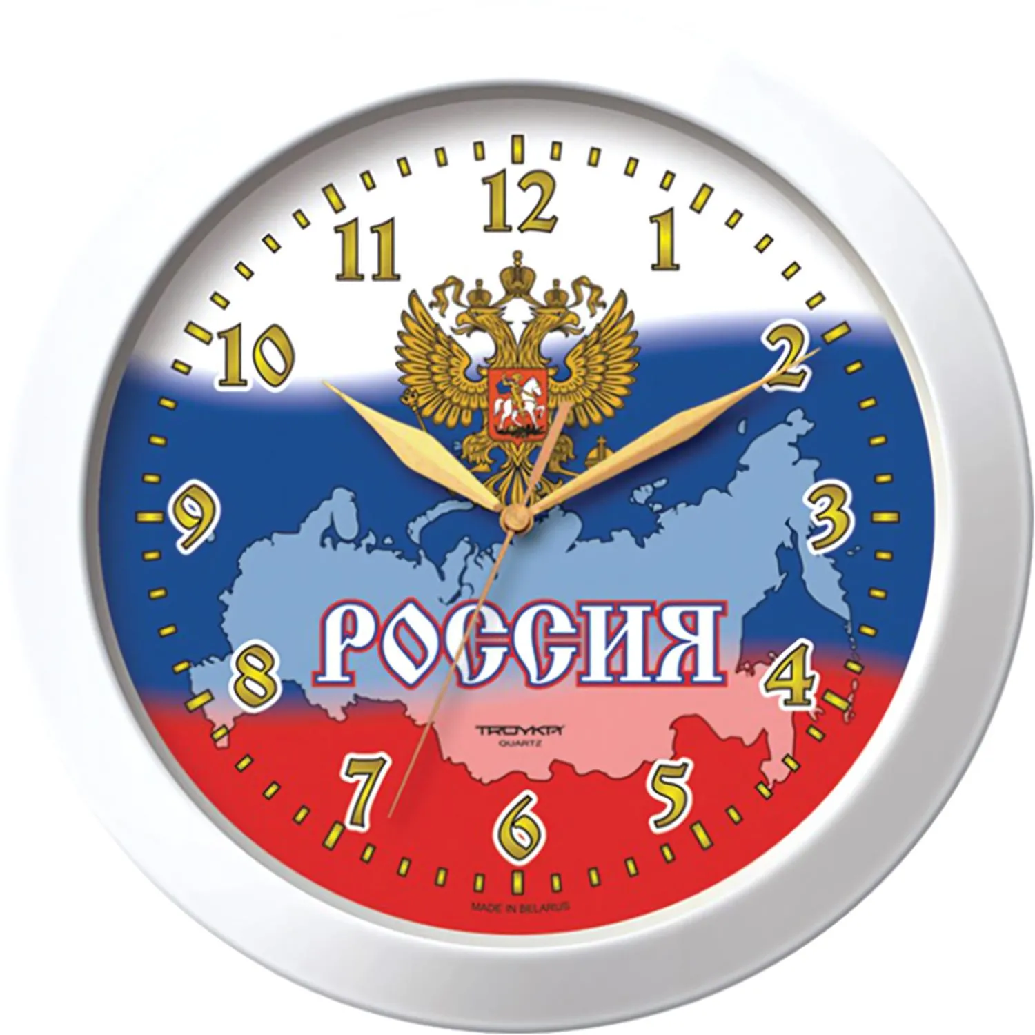 Часы настенные TROYKA 11110191, круг, белые с рисунком «Россия», белая рамка, 29×29×3.5 см