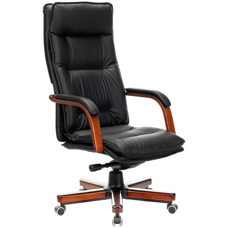 превью Кресло руководителя Бюрократ T-9927WALNUT/BLACK, WD, кожа черный, механизм качания (до 200кг)
