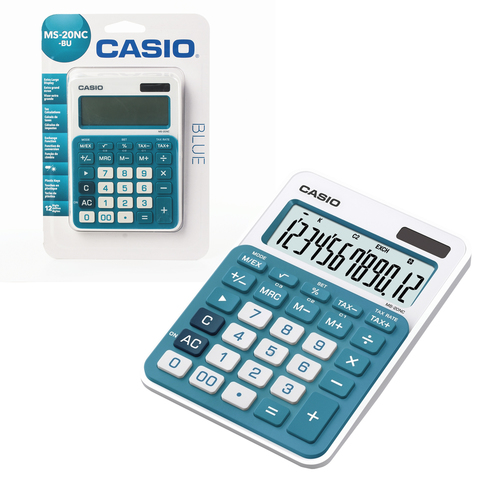 превью Калькулятор настольный CASIO MS-20NC-BU-S (150×105 мм) 12 разрядов, двойное питание, белый/голубой, блистер