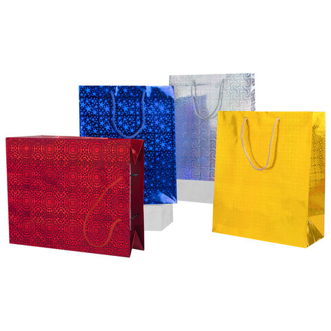 Пакет подарочный 26×13x32 см (L), НАБОР 4 шт., 4 дизайна, голография, ЗОЛОТАЯ СКАЗКА
