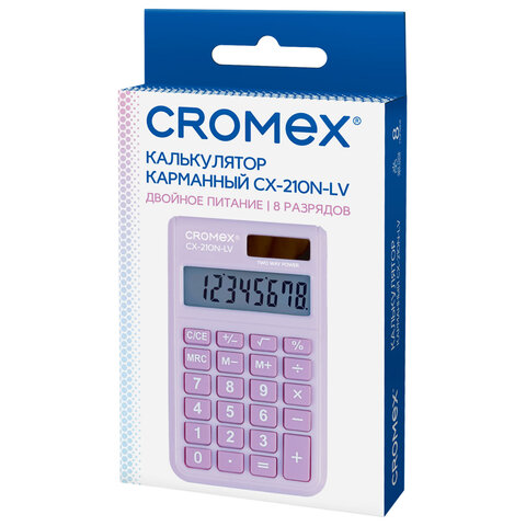 Калькулятор карманный CROMEX (КРОМЕКС) CX-210N-LV (96×62 мм), 8 разрядов, двойное питание, сиреневый, 273836