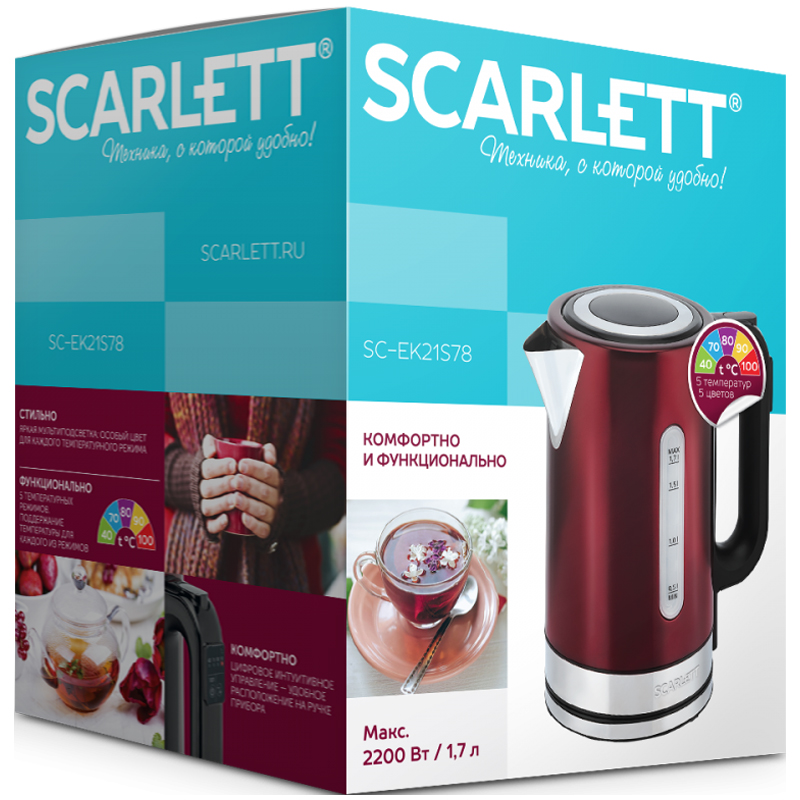 Чайник электрический Scarlett SC-EK21S78, 1.7л, 2200Вт, цифровое управление, нержавеющая сталь, красный