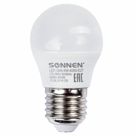 Лампа светодиодная SONNEN, 5 (40) Вт, цоколь E27, шар, холодный белый свет, LED G45-5W-4000-E27