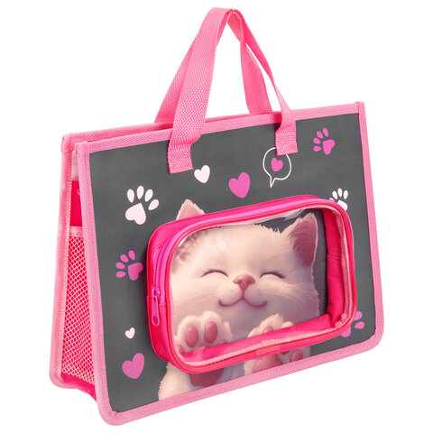 превью Папка на молнии с ручками BRAUBERG KIDS А4, 1 отделение, дополнительные карманы, пластик, «Кот-мурлыка»