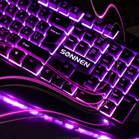 Клавиатура проводная SONNEN KB-7010, USB, 104 клавиши, LED-подсветка, черная