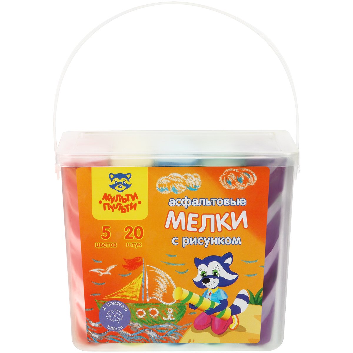Мелки цветные для асфальта Мульти-Пульти, с принтом, 20шт., 5цв., круглые, пластиковое ведро