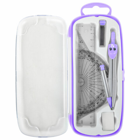 Готовальня BRAUBERG SCHOOL KIT, 9 предметов, циркуль 125 мм, чертежные принадлежности, лаванда