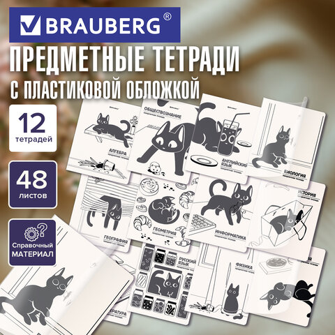 Тетради предметные, КОМПЛЕКТ 12 ПРЕДМЕТОВ 48 л., пластиковая обложка, BRAUBERG «КОТ-НЕПОСЕДА»