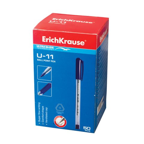Ручка шариковая масляная ERICH KRAUSE «Ultra Glide U-11», СИНЯЯ, корпус прозрачный, узел 1 мм, линия письма 0.5 мм