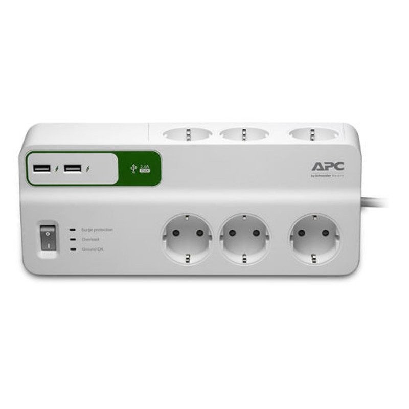 превью Сетевой фильтр APC PM6U-RS (6 евро/2м/10А/1836Дж/USB/белый)