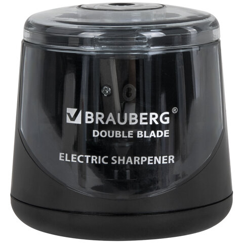 превью Точилка электрическая BRAUBERG DOUBLE BLADE BLACK, двойное лезвие, питание от 2 батареек АА