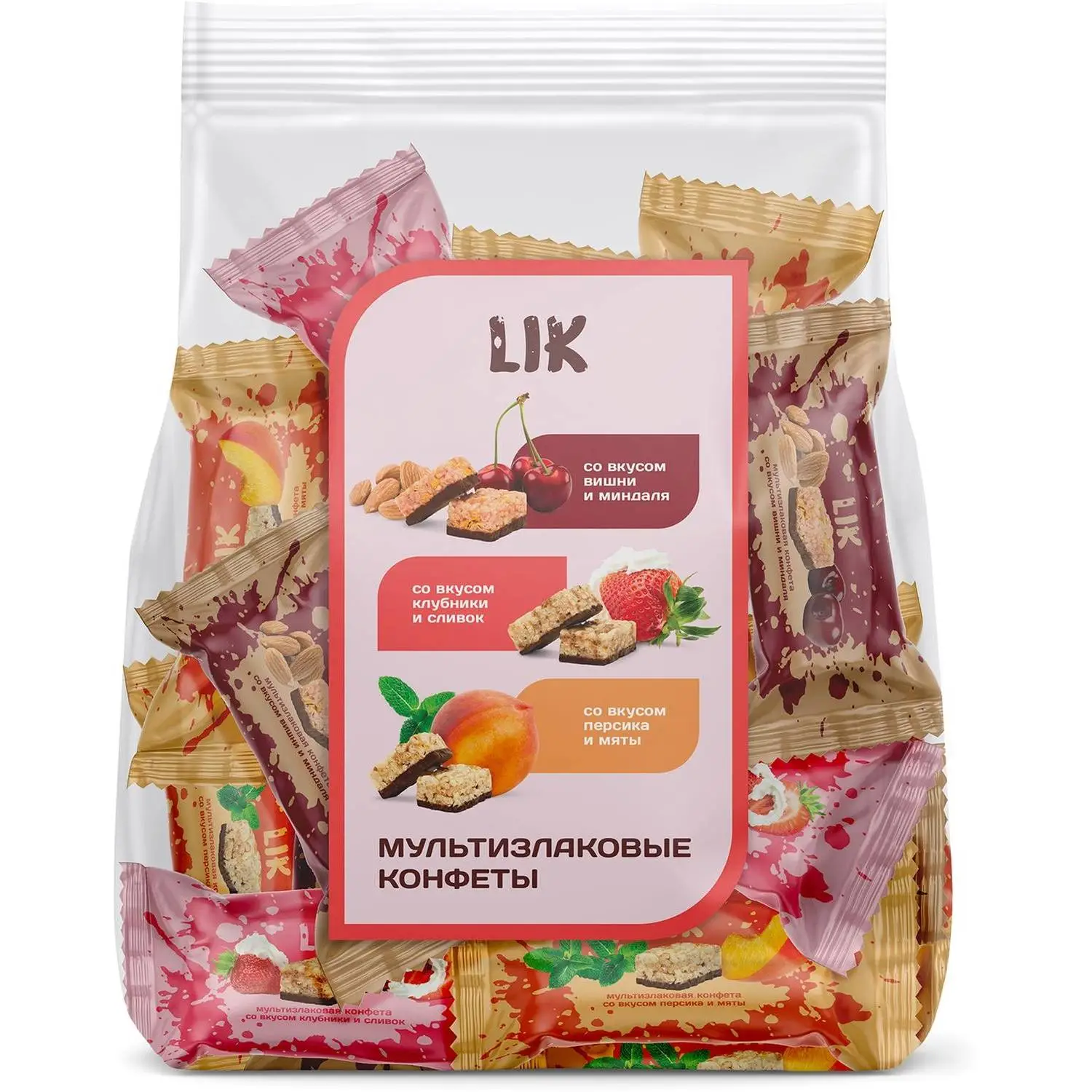 Конфеты мультизлаковые LIK ас в глазур (клуб/слив, виш/минд, перс/мят),250 г