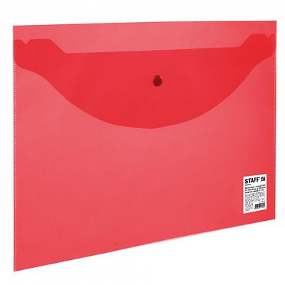 Папка-конверт с кнопкой STAFF, А4, до 100 листов, прозрачная, красная, 0.12 мм