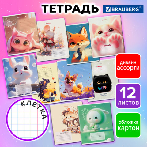 Тетрадь 12 л. BRAUBERG клетка, обложка картон, МИКС-1