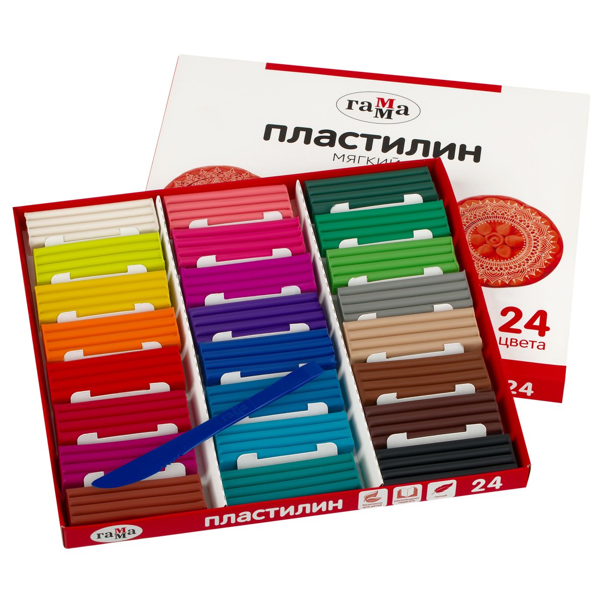 Пластилин Гамма, 24 цвета, 480г, со стеком, картон. упаковка