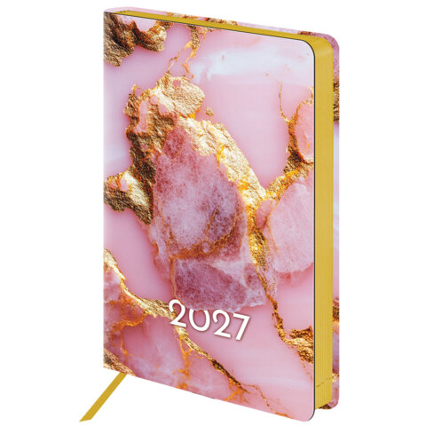 Ежедневник датированный 2027, А5, 138×213 мм, BRAUBERG «Vista», под кожу, гибкий, «Pink marble»