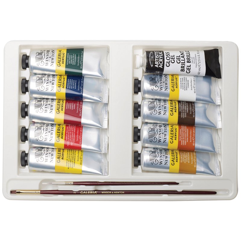 Краски акриловые Winsor&Newton «Galeria», 9 цв., 60 мл/туба, доска, палитра, медиум для блеска, 2 кисти, картон. упак. 