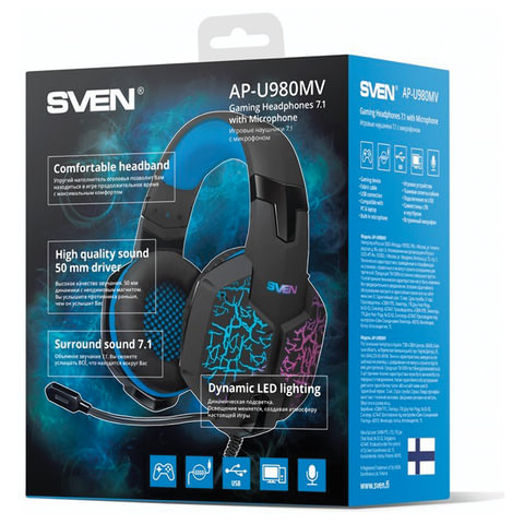 Наушники с микрофоном (гарнитура) SVEN AP-U980MV, проводные, 2.2 м, объемный звук 7.1, черно-синие