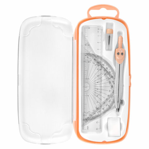 Готовальня BRAUBERG SCHOOL KIT, 8 предметов, циркуль 115 мм, чертежные принадлежности, персиковый цвет