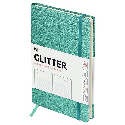Ежедневник недатированный, А6, 136л., твердый переплет, диз. картон, BG «Glitter. Teal», бирюзовый, на резинке, карман
