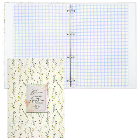 Тетрадь на кольцах БОЛЬШАЯ А4, 215×305 мм, 100 л., твердый картон, клетка, BRAUBERG, «Цветы»