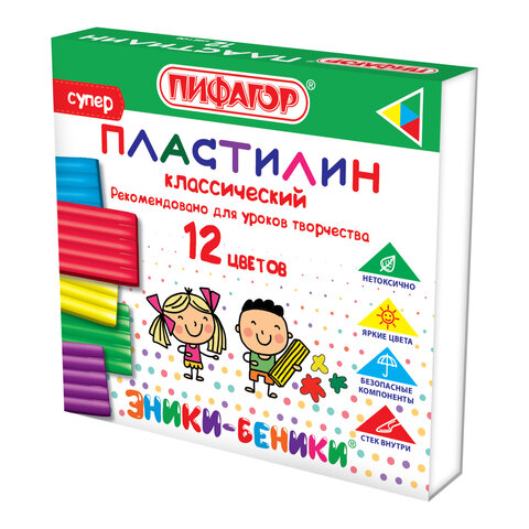 превью Пластилин классический ПИФАГОР «ЭНИКИ-БЕНИКИ СУПЕР», 12 цветов, 120 г, стек