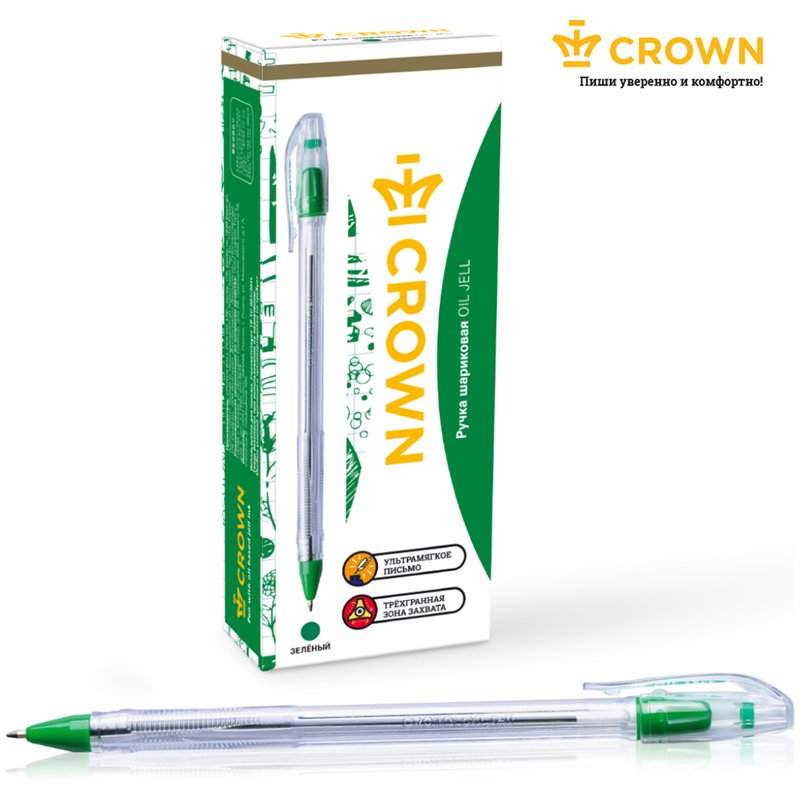 Ручка шариковая Crown «Oil Jell» зеленая, 0.7мм, штрих-код