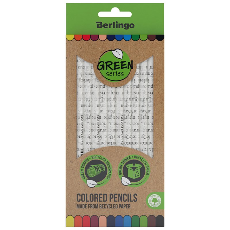 превью Карандаши цветные Berlingo «SuperSoft. Green Series», 12цв., из переработанной бумаги, заточен., картон, европодвес