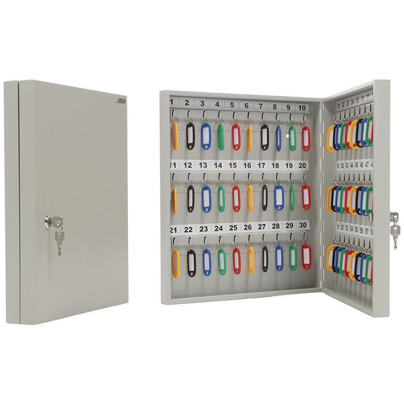 превью Ключница Aiko Key-60 на 60 ключей, 400×355×59мм, ключевой замок, металл, серый, с брелоками