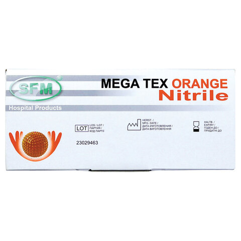 Перчатки нитриловые сверхпрочные с текстурой SFM MEGA TEX ORANGE, Германия, 25 пар (50 штук), размер XL, ЧЗ