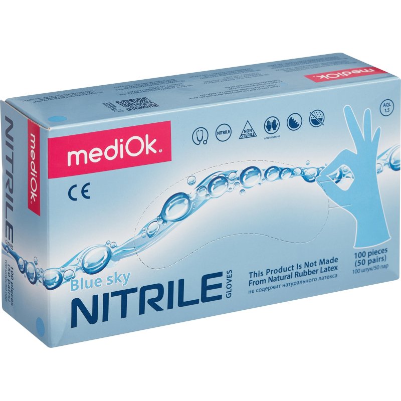 Перчатки mediOk нитрил., голубой Blue Sky 4г., (M) 50пар/уп