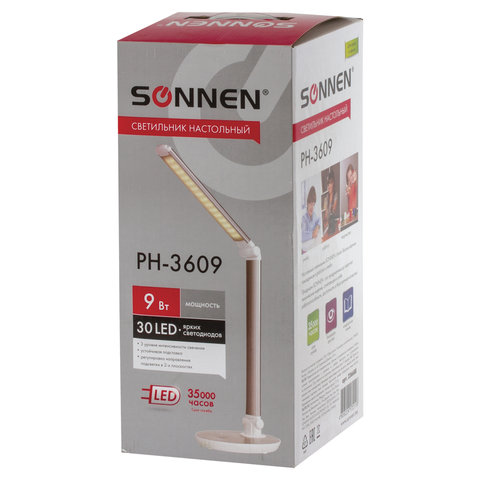 Светильник настольный SONNEN PH-3609, на подставке, светодиодный, 9 Вт, алюминий, серебристый