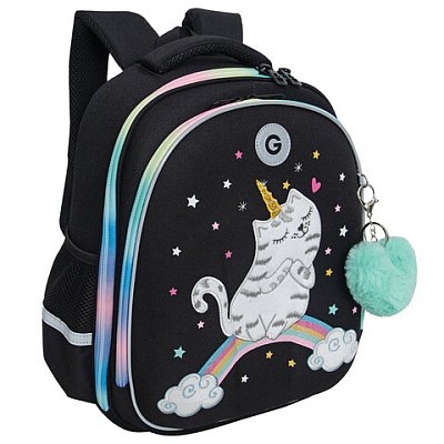 Ранец GRIZZLY анатомическая спинка, c брелоком, для девочек, RAINBOW CAT, 36×28х20 см