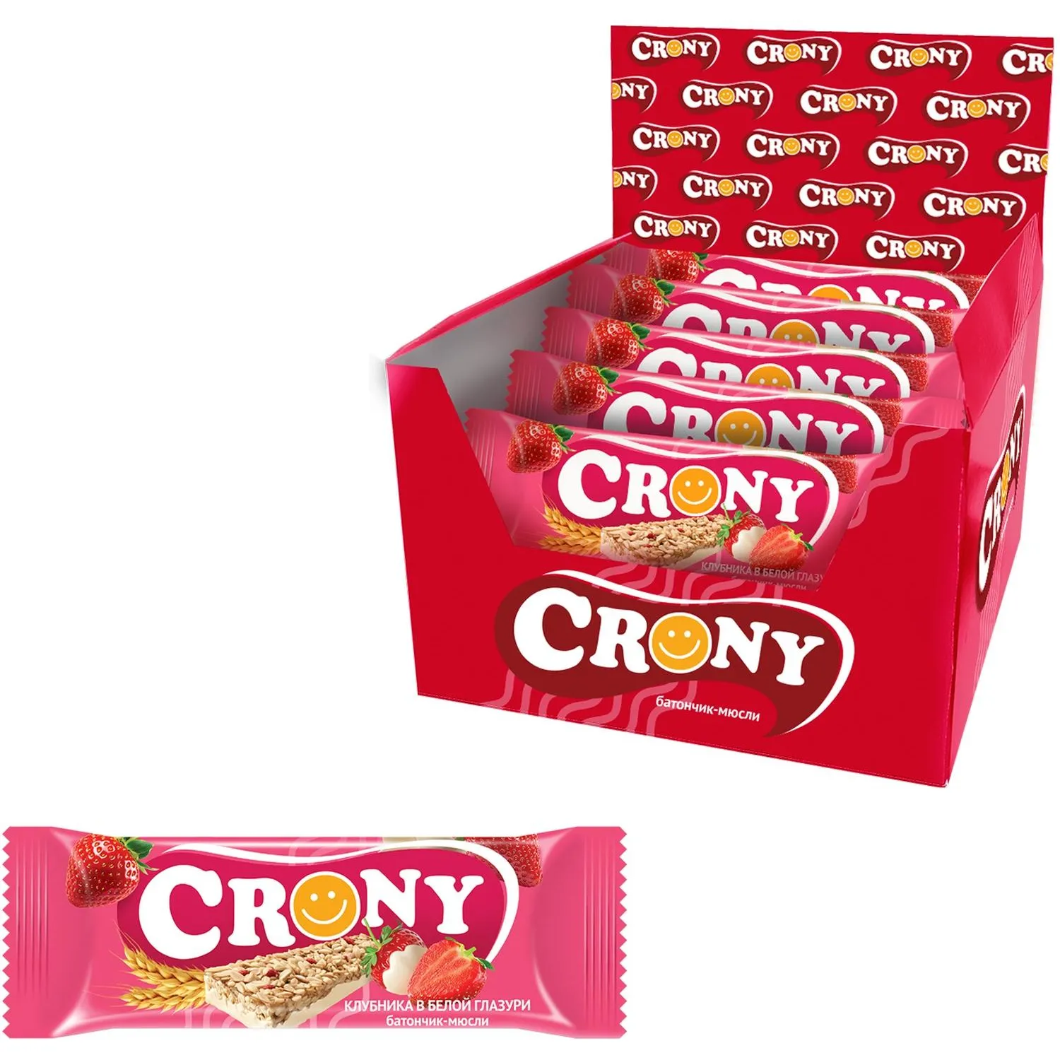 превью Батончик мюсли Crony клубника в белой глазури (12 батончиков по 50 г)