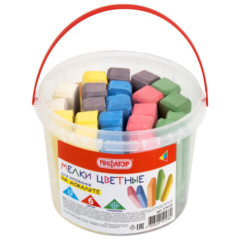 Мел в ведерке для рисования на асфальте 22 штуки, ПИФАГОР, цветной квадратный УТОЛЩЕННЫЙ