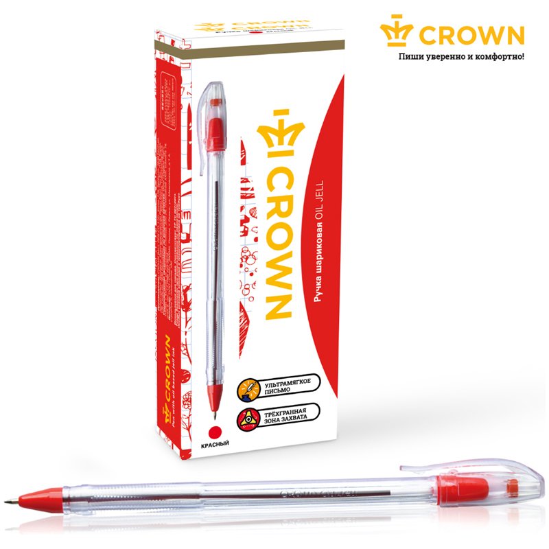 Ручка шариковая Crown «Oil Jell» красная, 0.7мм, штрих-код