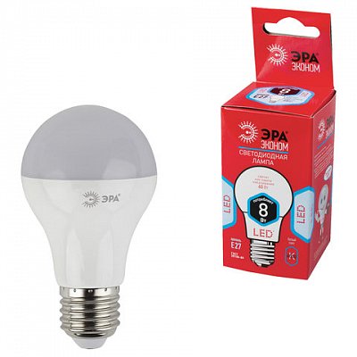 Лампа светодиодная ЭРА, 8 (60) Вт, цоколь E27, грушевидная, холодный белый свет, 25000 ч., LED smdA60-8w-840-E27ECO