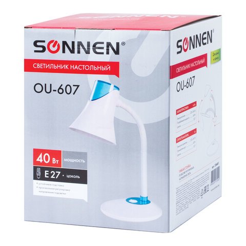 Светильник настольный SONNEN OU-607, на подставке, цоколь Е27, белый/синий