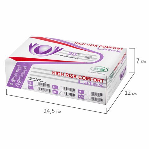 Перчатки латексные смотровыеособо прочныеSFM HIGH RISK COMFORT25 пар (50 штук)размер XL (очень большой)